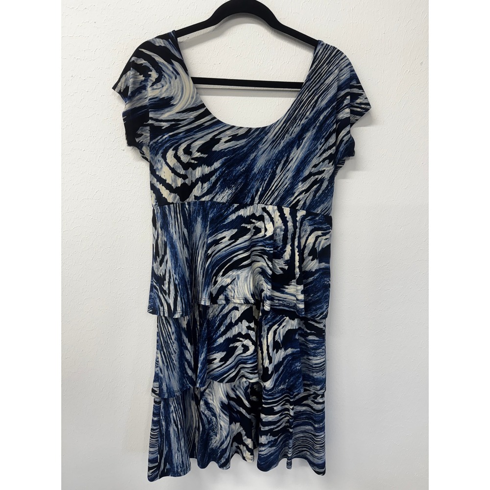 Tiana B Blue Black Swirled Marble Empire Waist Cap Sleeve Tiered Dress Sz M - Picture 9 of 11